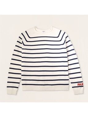 PARKE X Target Striped Crewneck Sweater in White and Navy with Red Sleeve Logo